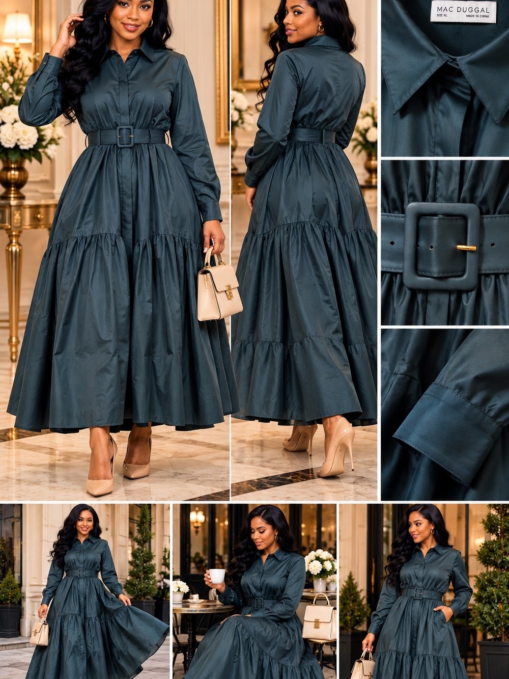Mac Duggal Dark Teal Tiered Belted Maxi Dress